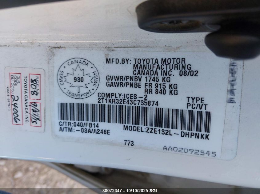 2003 Toyota Matrix Xr VIN: 2T1KR32E43C735874 Lot: 30072347