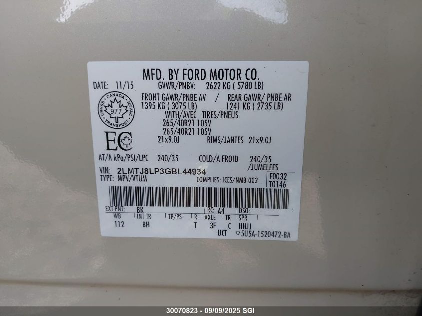 2016 Lincoln Mkx Reserve VIN: 2LMTJ8LP3GBL44934 Lot: 30070823