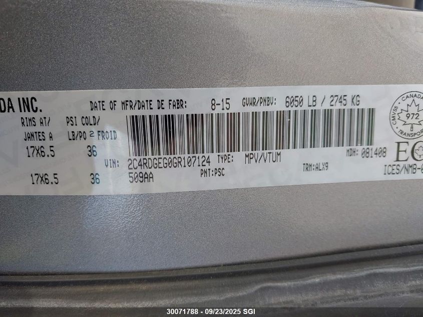 2016 Dodge Grand Caravan R/T VIN: 2C4RDGEG0GR107124 Lot: 30071788