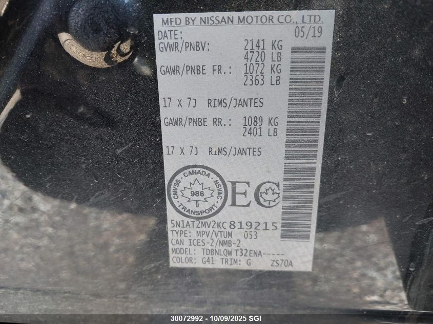 2019 Nissan Rogue S/Sl/Sv VIN: 5N1AT2MV2KC819215 Lot: 30072992