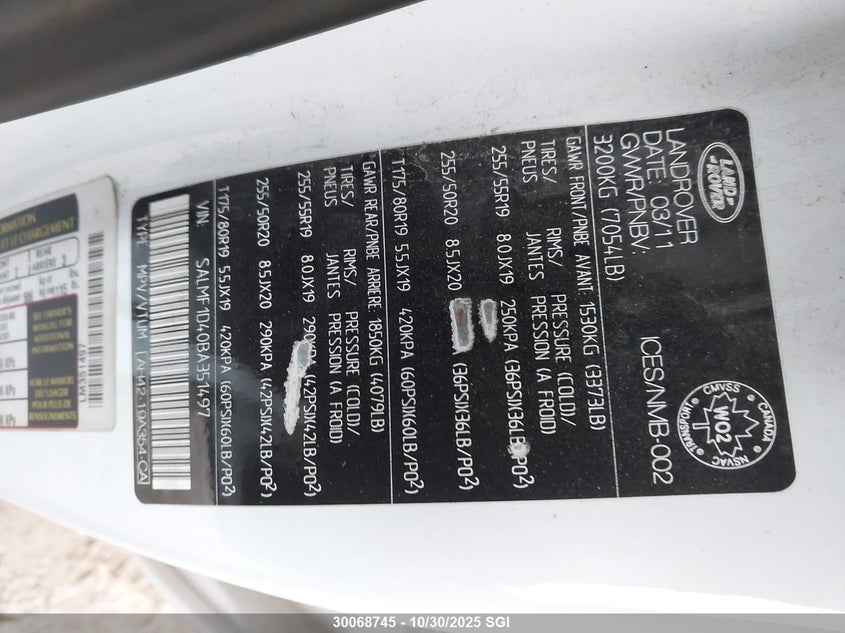 SALMF1D40BA351497 2011 LAND ROVER RANGE ROVER photo no. 9