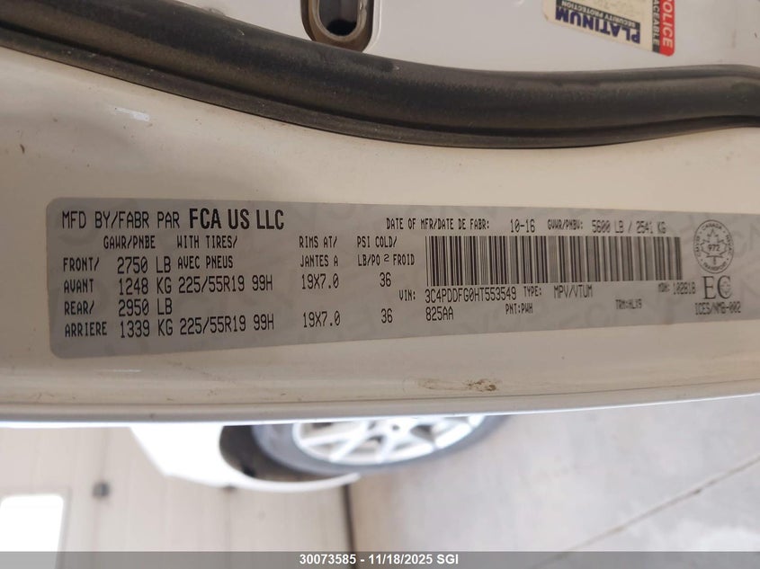 2017 Dodge Journey Gt VIN: 3C4PDDFG0HT553549 Lot: 30073585