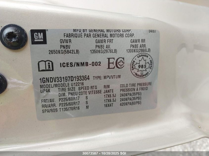 2007 Chevrolet Uplander Lt VIN: 1GNDV33197D193364 Lot: 30073587