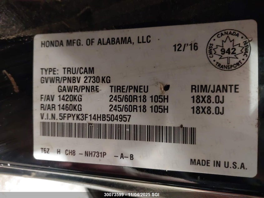 5FPYK3F14HB504957 2017 HONDA RIDGELINE photo no. 9
