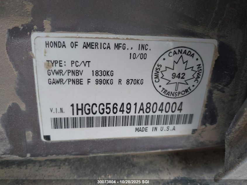 2001 Honda Accord Lx VIN: 1HGCG56491A804004 Lot: 30073804