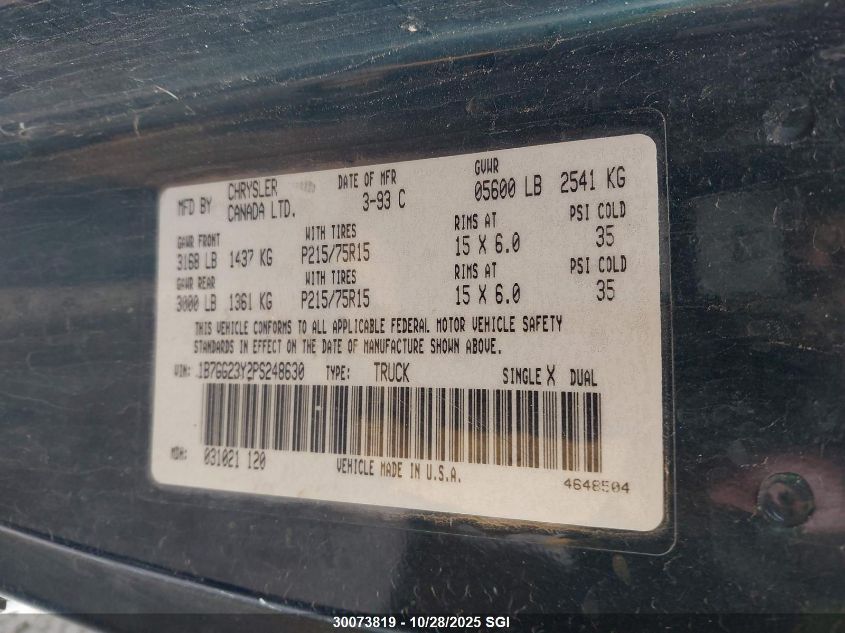 1993 Dodge Dakota VIN: 1B7GG23Y2PS248630 Lot: 30073819