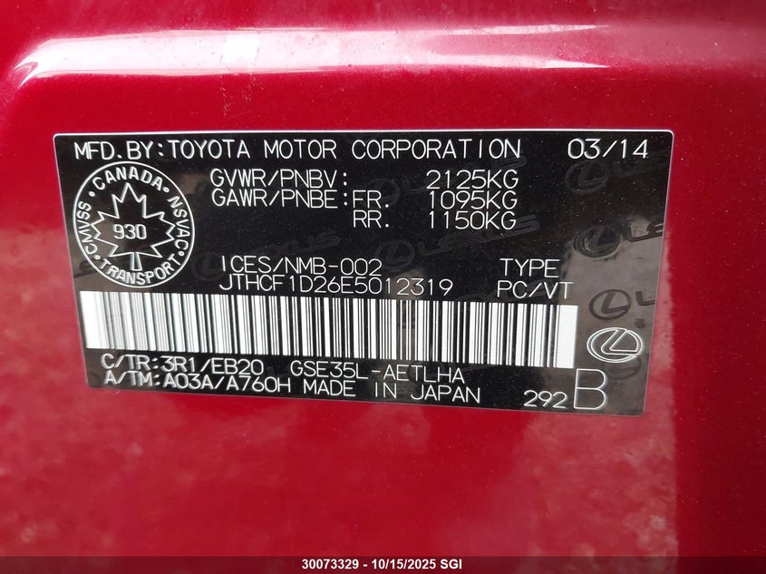 JTHCF1D26E5012319 2014 LEXUS IS photo no. 9