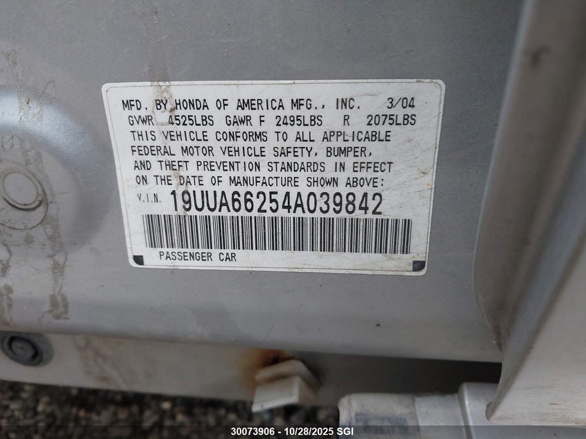 2004 Acura Tl VIN: 19UUA66254A039842 Lot: 30073906