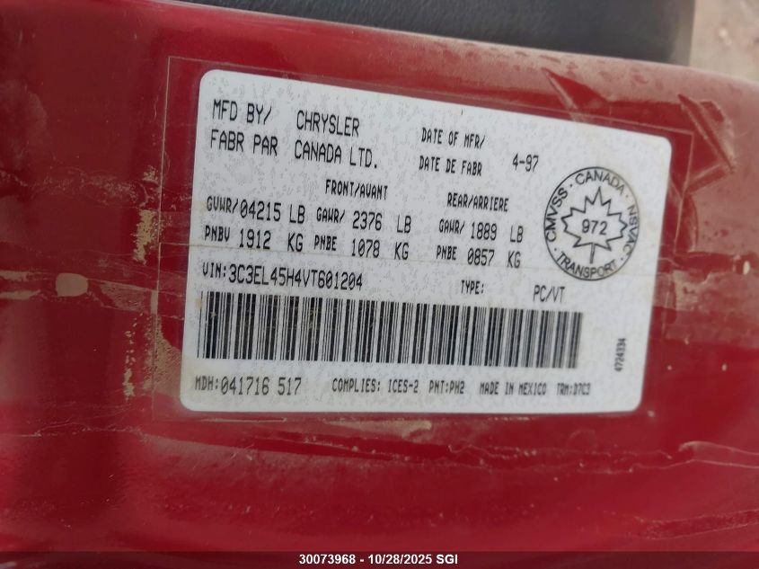 1997 Chrysler Sebring Jx VIN: 3C3EL45H4VT601204 Lot: 30073968