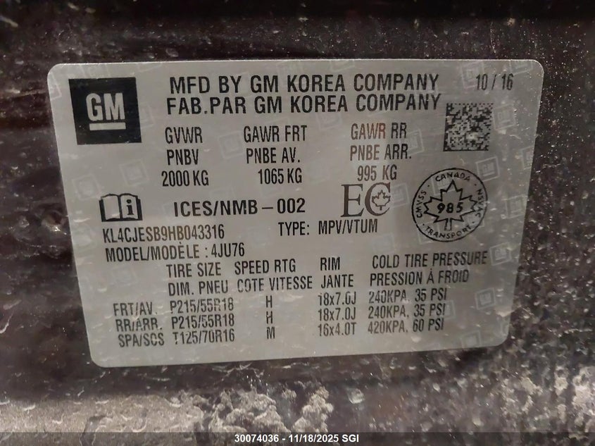 2017 Buick Encore Preferred VIN: KL4CJESB9HB043316 Lot: 30074036