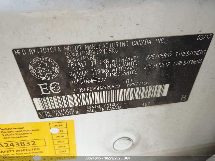 2017 Toyota Rav4 Le VIN: 2T3BFREV6HW628829 Lot: 30074045