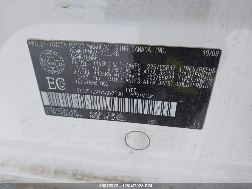 2010 Toyota Rav4 Limited VIN: 2T3DF4DV7AW027030 Lot: 30072972