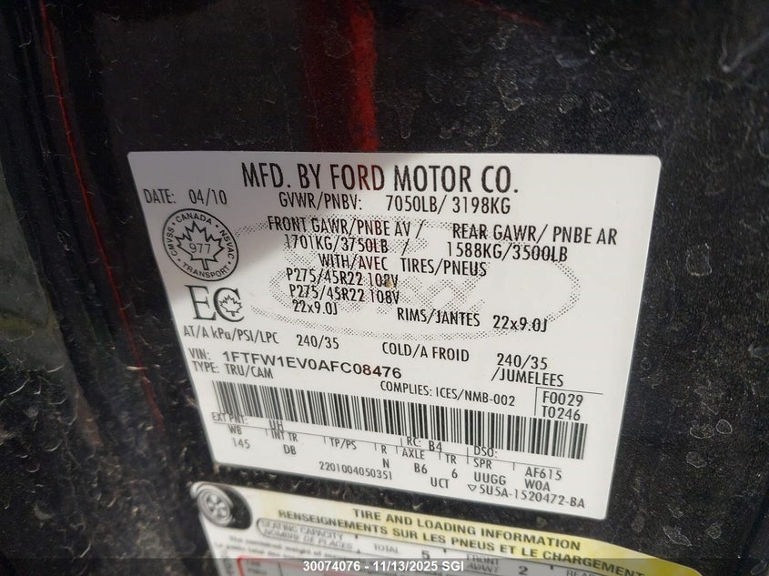 1FTFW1EV0AFC08476 2010 FORD F-150 photo no. 9
