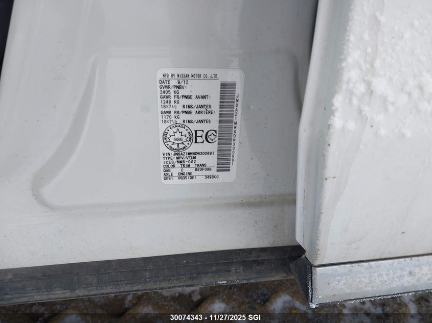 2013 Nissan Murano S/Sl/Le VIN: JN8AZ1MW9DW300691 Lot: 30074343