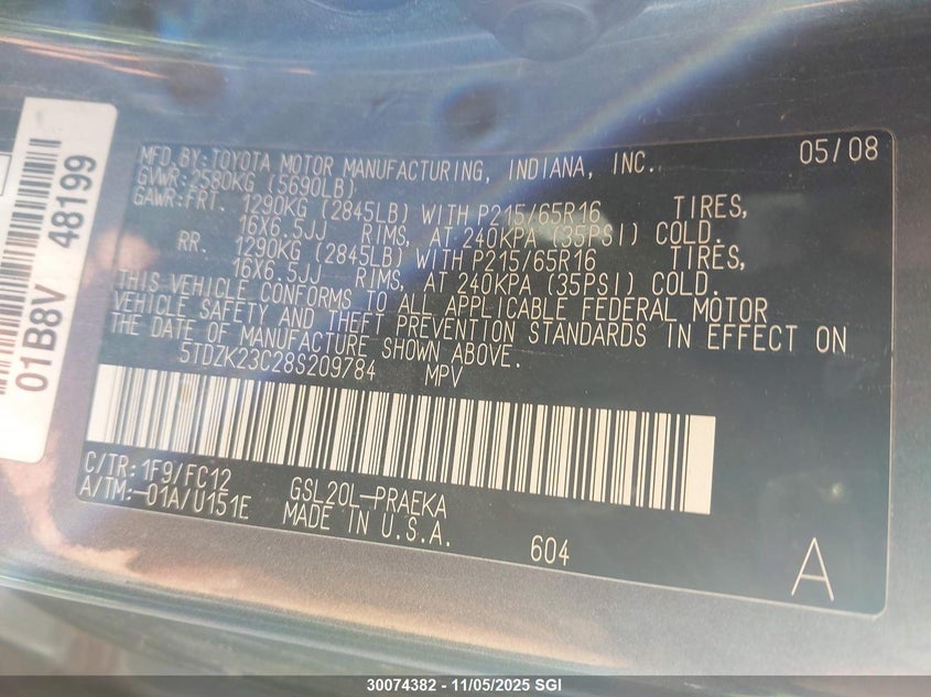 5TDZK23C28S209784 2008 TOYOTA SIENNA photo no. 9
