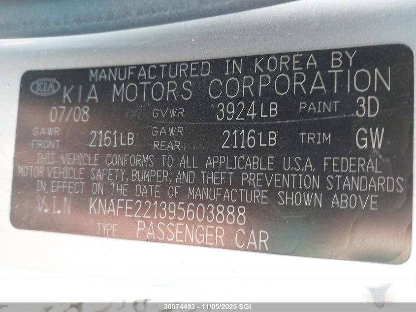 2009 Kia Spectra Ex/Lx/Sx VIN: KNAFE221395603888 Lot: 30074493