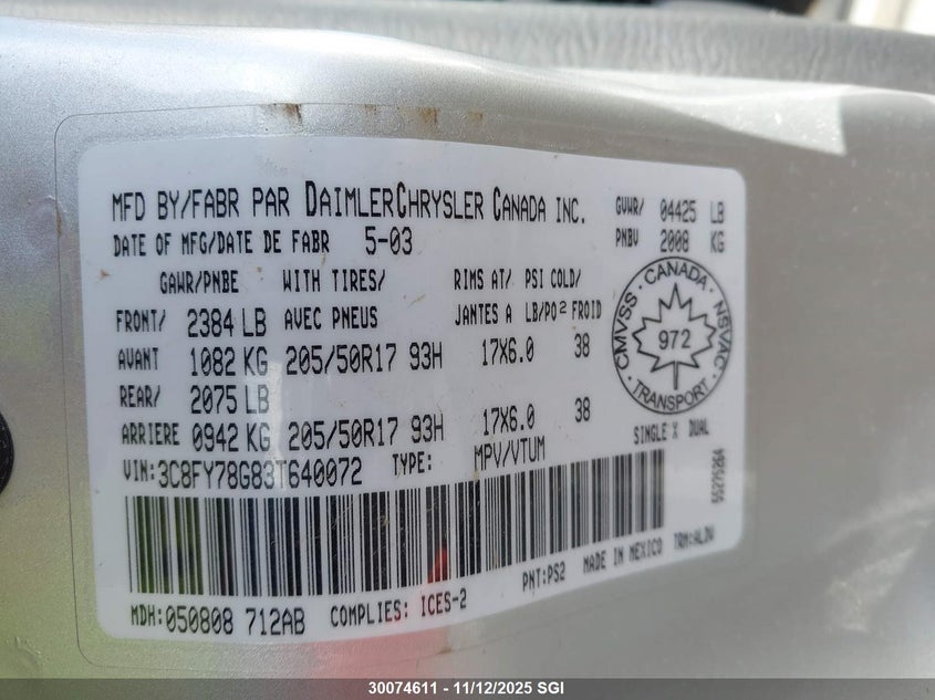 2003 Chrysler Pt Cruiser Gt VIN: 3C8FY78G83T640072 Lot: 30074611