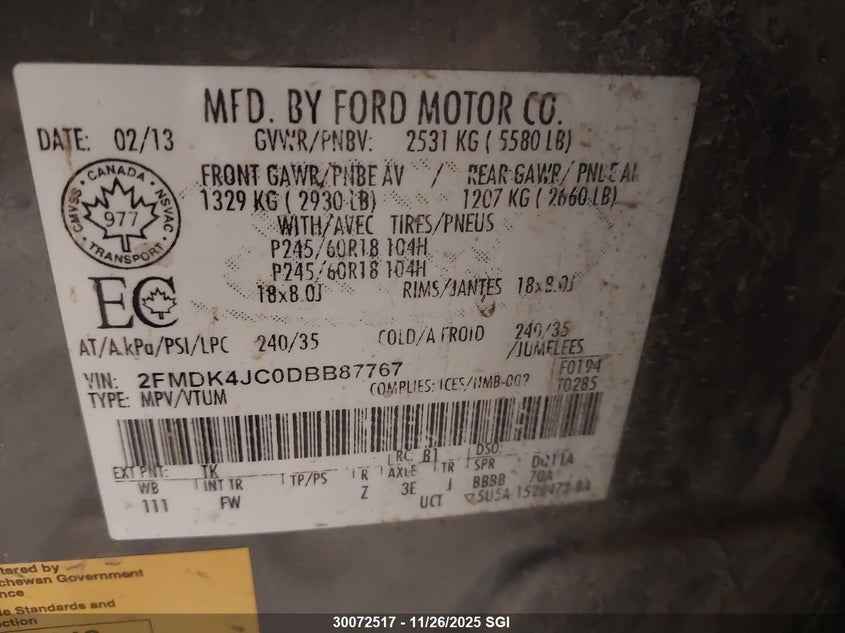 2013 Ford Edge Sel VIN: 2FMDK4JC0DBB87767 Lot: 30072517