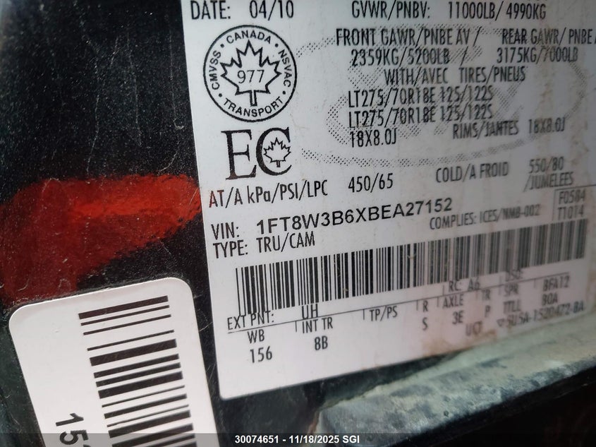 2011 Ford F350 Super Duty VIN: 1FT8W3B6XBEA27152 Lot: 30074651