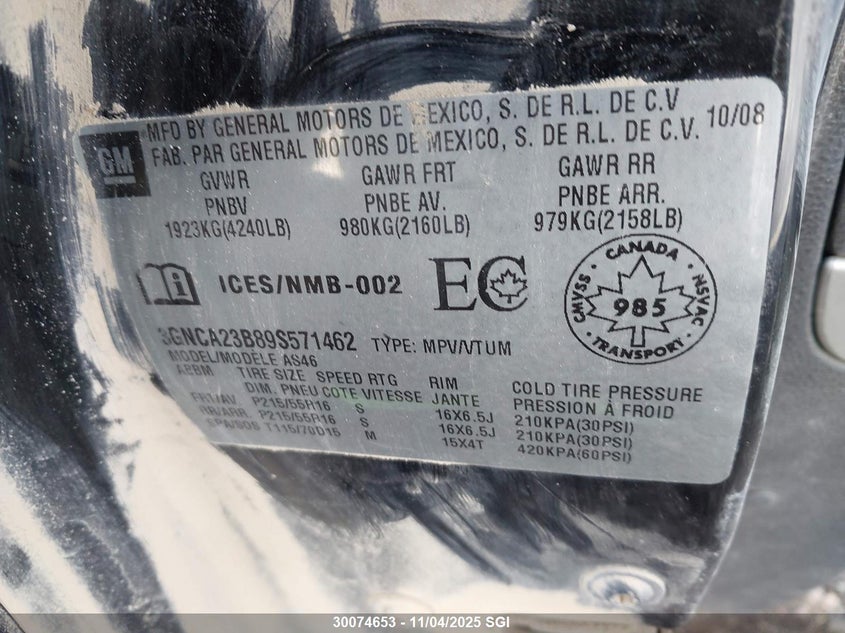 2009 Chevrolet Hhr Lt VIN: 3GNCA23B89S571462 Lot: 30074653