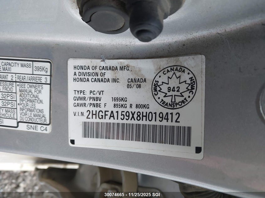 2008 Honda Civic Exl VIN: 2HGFA159X8H019412 Lot: 30074665