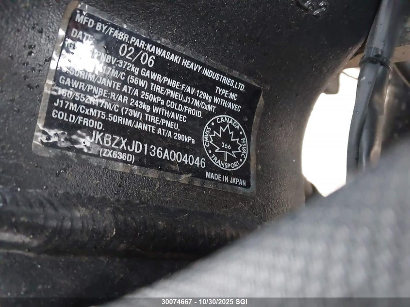 2006 Kawasaki Zx636 C1 VIN: JKBZXJD136A004046 Lot: 30074667