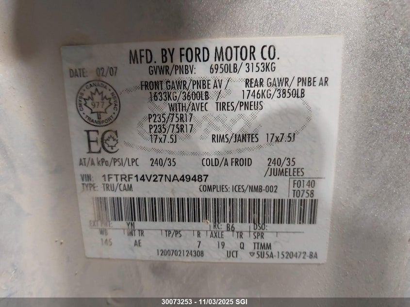 1FTRF14V27NA49487 2007 FORD F-150 photo no. 9