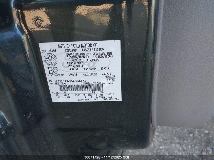 1FTRF14W25NB66573 2005 FORD F-150 photo no. 9