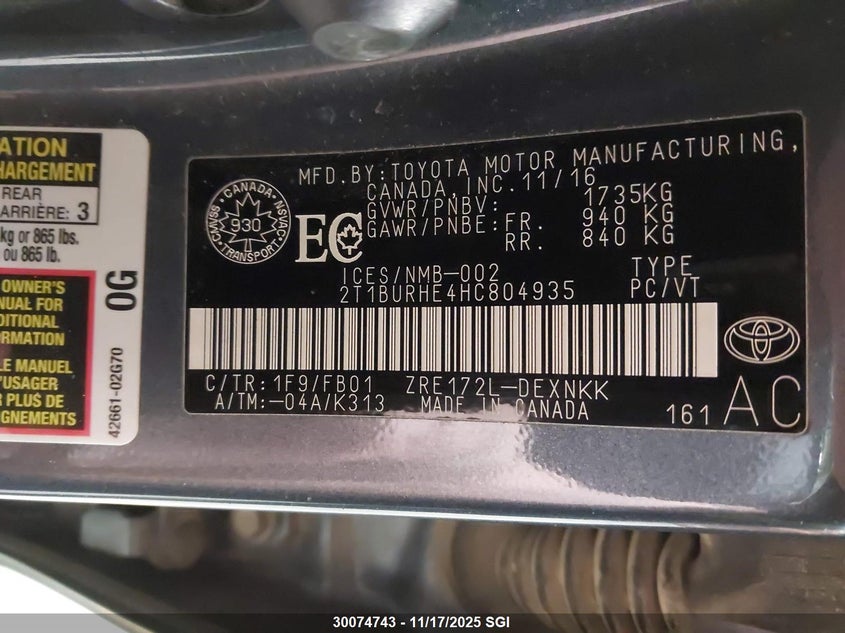 2T1BURHE4HC804935 2017 TOYOTA COROLLA photo no. 9