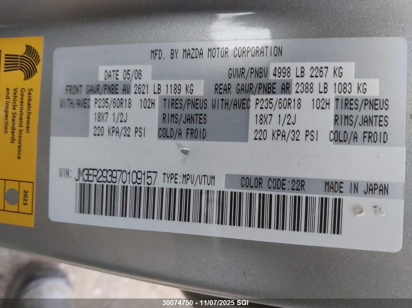 2007 Mazda Cx-7 VIN: JM3ER293970109157 Lot: 30074750