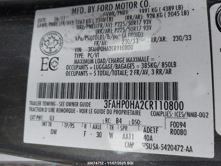 2012 Ford Fusion Se VIN: 3FAHP0HA2CR110800 Lot: 30074752