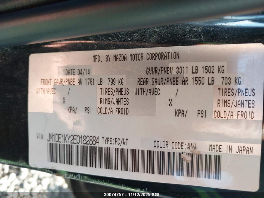 2014 Mazda Mazda2 Sport VIN: JM1DE1KY2E0182884 Lot: 30074757