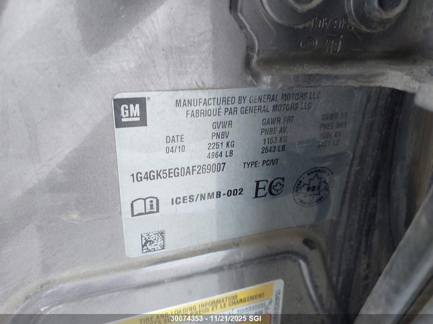 2010 Buick Allure/Lacrosse Cxl VIN: 1G4GK5EG0AF269007 Lot: 30074353