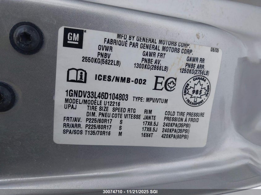 2006 Chevrolet Uplander Lt VIN: 1GNDV33L46D104803 Lot: 30074710