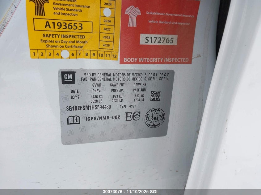 2017 Chevrolet Cruze Lt Auto VIN: 3G1BE6SM1HS594480 Lot: 30073076