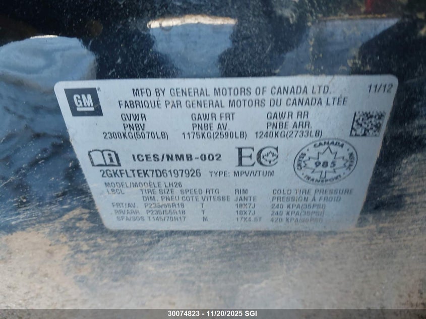 2013 GMC Terrain Sle VIN: 2GKFLTEK7D6197926 Lot: 30074823