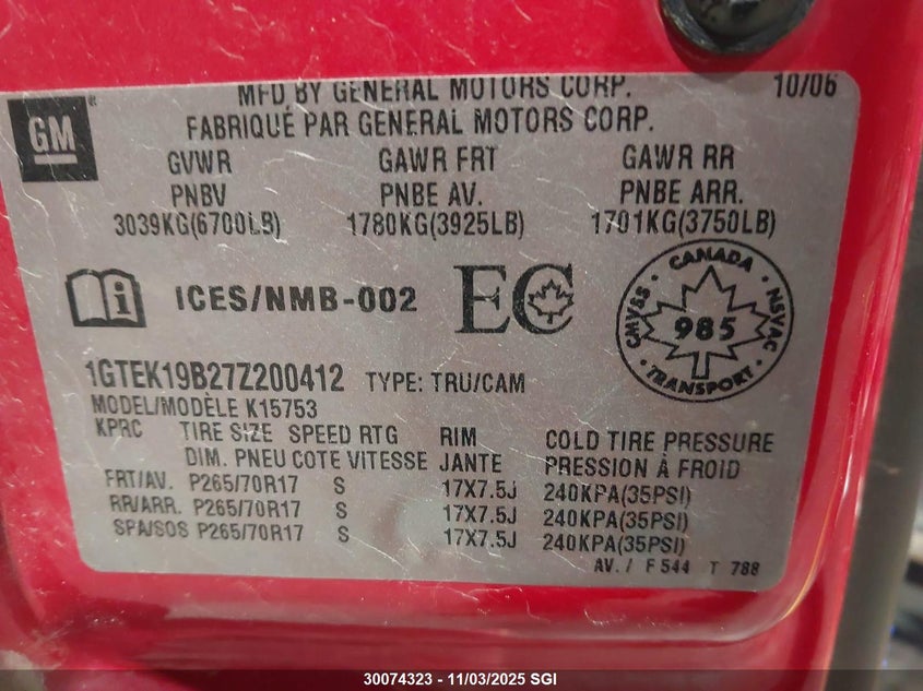 1GTEK19B27Z200412 2007 GMC  photo no. 9