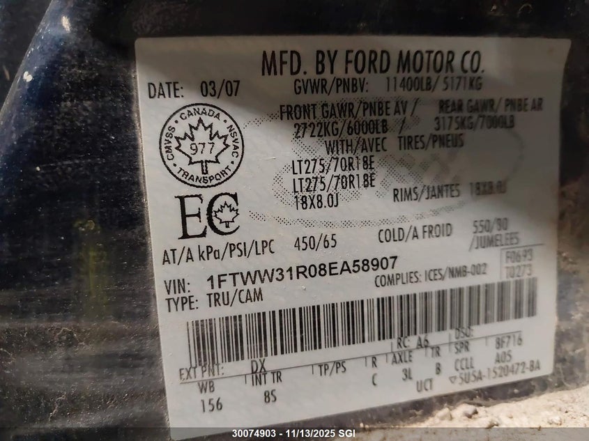 2008 Ford F350 Srw Super Duty VIN: 1FTWW31R08EA58907 Lot: 30074903