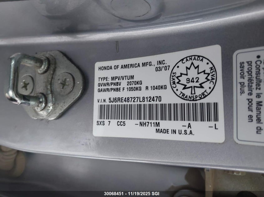 2007 Honda Cr-V Exl VIN: 5J6RE48727L812470 Lot: 30068451