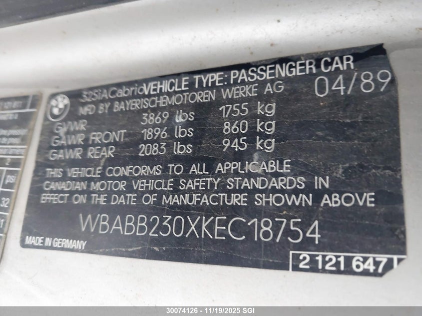 1989 BMW 325 I Automatic VIN: WBABB230XKEC18754 Lot: 30074126