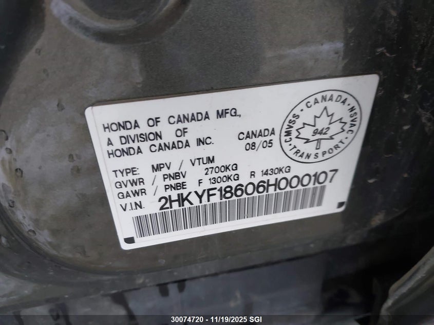 2006 Honda Pilot Ex VIN: 2HKYF18606H000107 Lot: 30074720