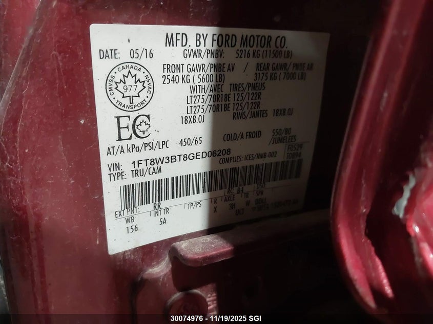 2016 Ford F350 Super Duty VIN: 1FT8W3BT8GED06208 Lot: 30074976