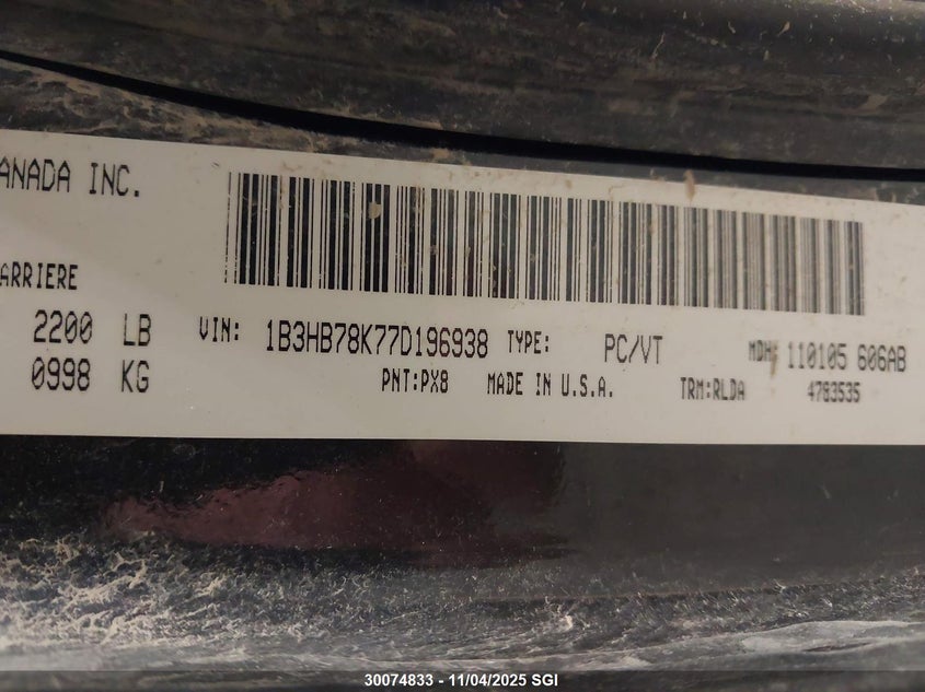 2007 Dodge Caliber R/T VIN: 1B3HB78K77D196938 Lot: 30074833