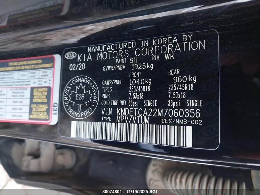 2021 Kia Seltos Sx VIN: KNDETCA22M7060356 Lot: 30074801