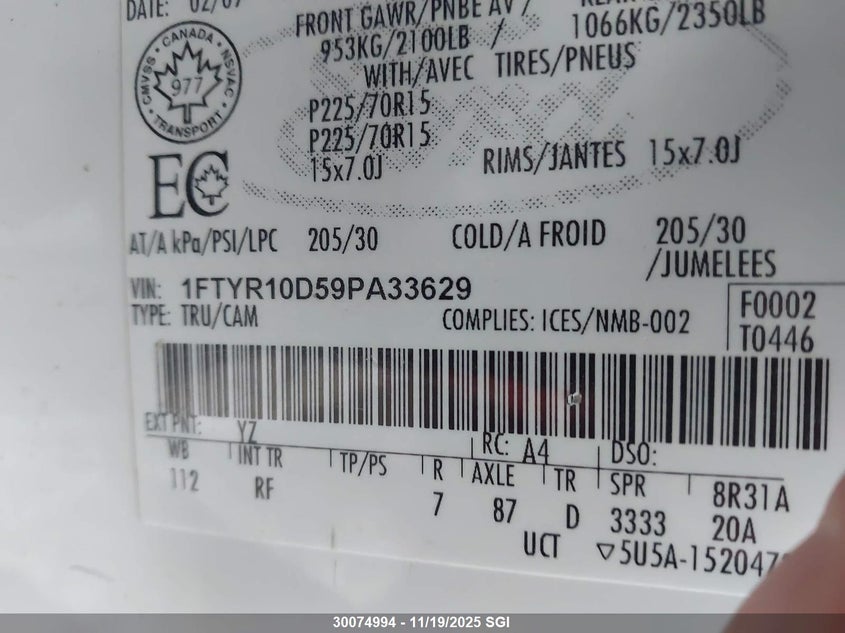 2009 Ford Ranger VIN: 1FTYR10D59PA33629 Lot: 30074994