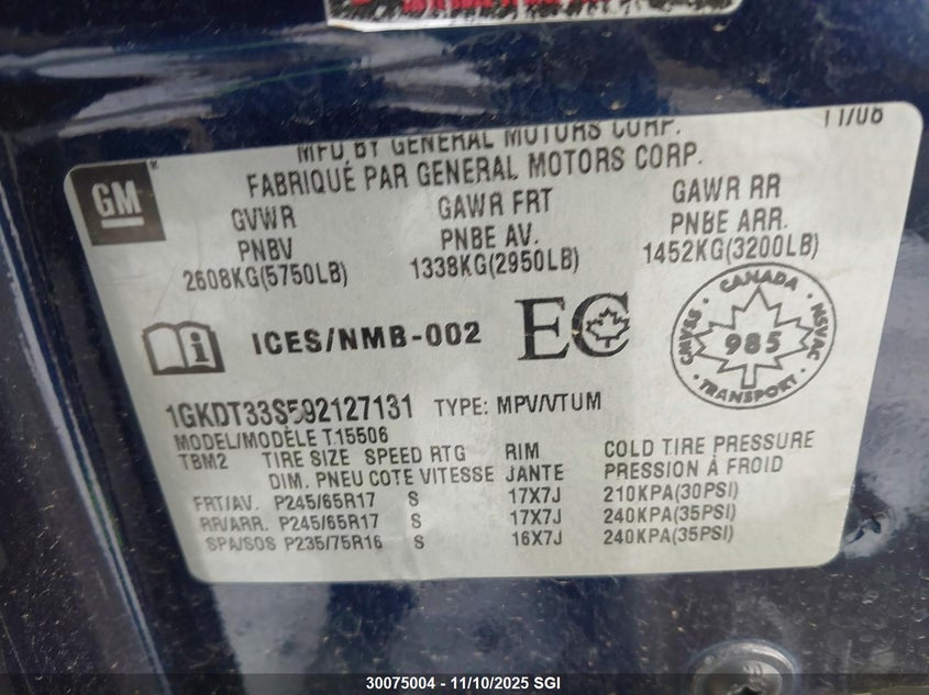 2009 GMC Envoy Sle VIN: 1GKDT33S592127131 Lot: 30075004