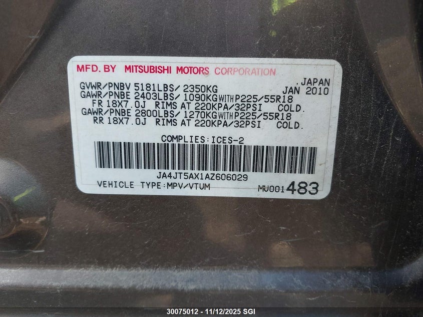 2010 Mitsubishi Outlander Gt VIN: JA4JT5AX1AZ606029 Lot: 30075012