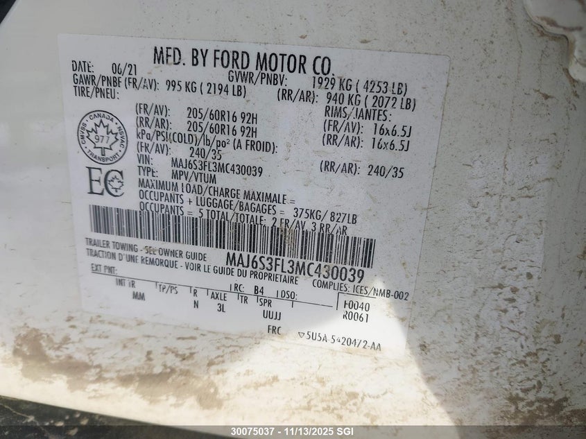 2021 Ford Ecosport S VIN: MAJ6S3FL3MC430039 Lot: 30075037
