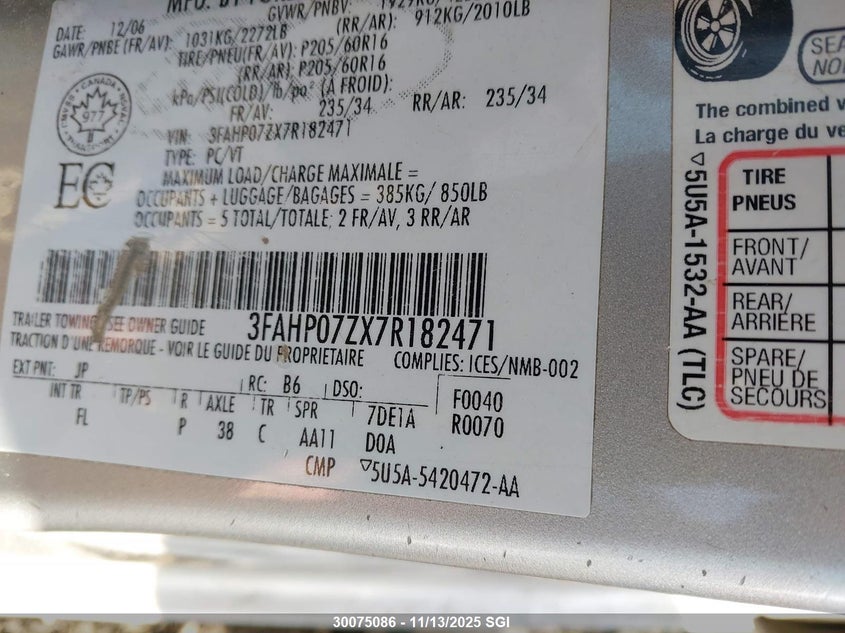 2007 Ford Fusion Se VIN: 3FAHP07ZX7R182471 Lot: 30075086