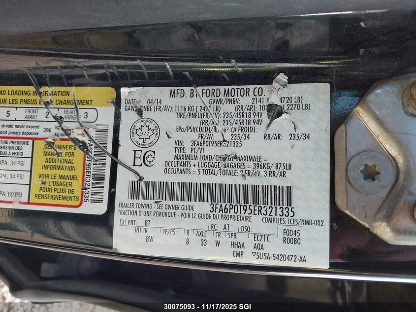 2014 Ford Fusion Se VIN: 3FA6P0T95ER321335 Lot: 30075093